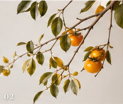 Persimmons growing on a branch